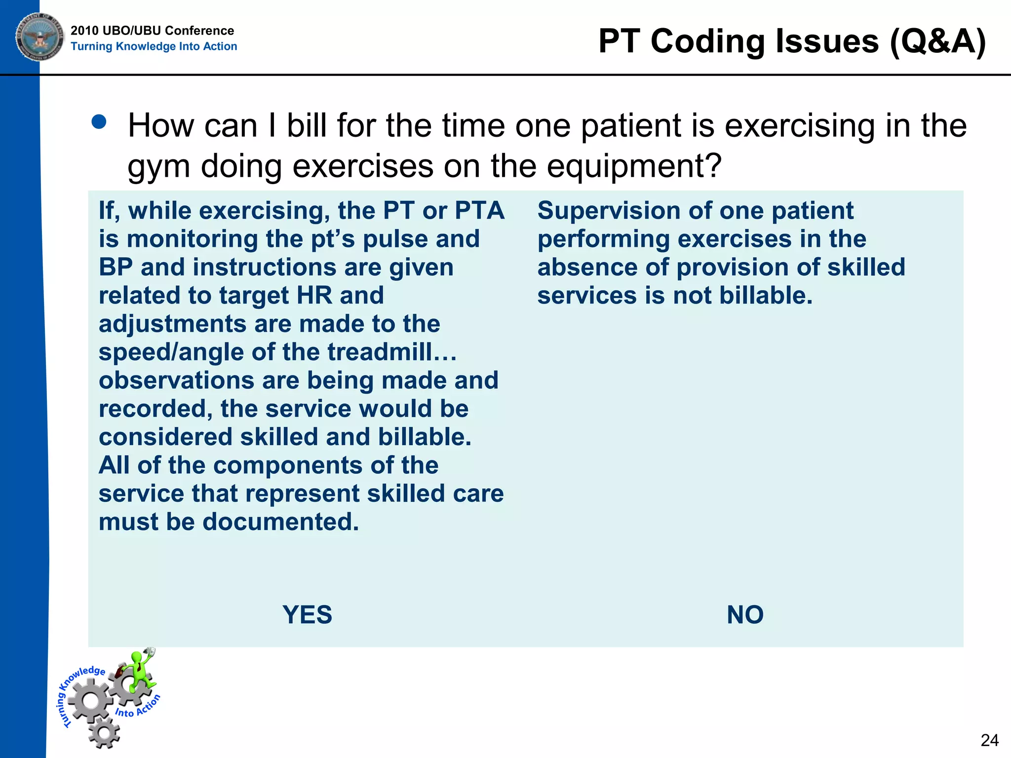 PT Coding Issues (Q&A)

2010 UBO/UBU Conference
Turning Knowledge Into Action



How can I bill for the time one patient is exercising in the
gym doing exercises on the equipment?

If, while exercising, the PT or PTA
is monitoring the pt’s pulse and
BP and instructions are given
related to target HR and
adjustments are made to the
speed/angle of the treadmill…
observations are being made and
recorded, the service would be
considered skilled and billable.
All of the components of the
service that represent skilled care
must be documented.

YES

Supervision of one patient
performing exercises in the
absence of provision of skilled
services is not billable.

NO

24

 