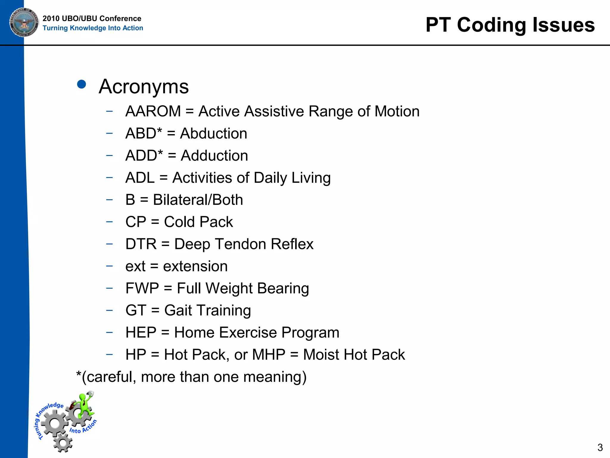 2010 UBO/UBU Conference
Turning Knowledge Into Action



PT Coding Issues

Acronyms

AAROM = Active Assistive Range of Motion
– ABD* = Abduction
– ADD* = Adduction
– ADL = Activities of Daily Living
– B = Bilateral/Both
– CP = Cold Pack
– DTR = Deep Tendon Reflex
– ext = extension
– FWP = Full Weight Bearing
– GT = Gait Training
– HEP = Home Exercise Program
– HP = Hot Pack, or MHP = Moist Hot Pack
*(careful, more than one meaning)
–

3

 