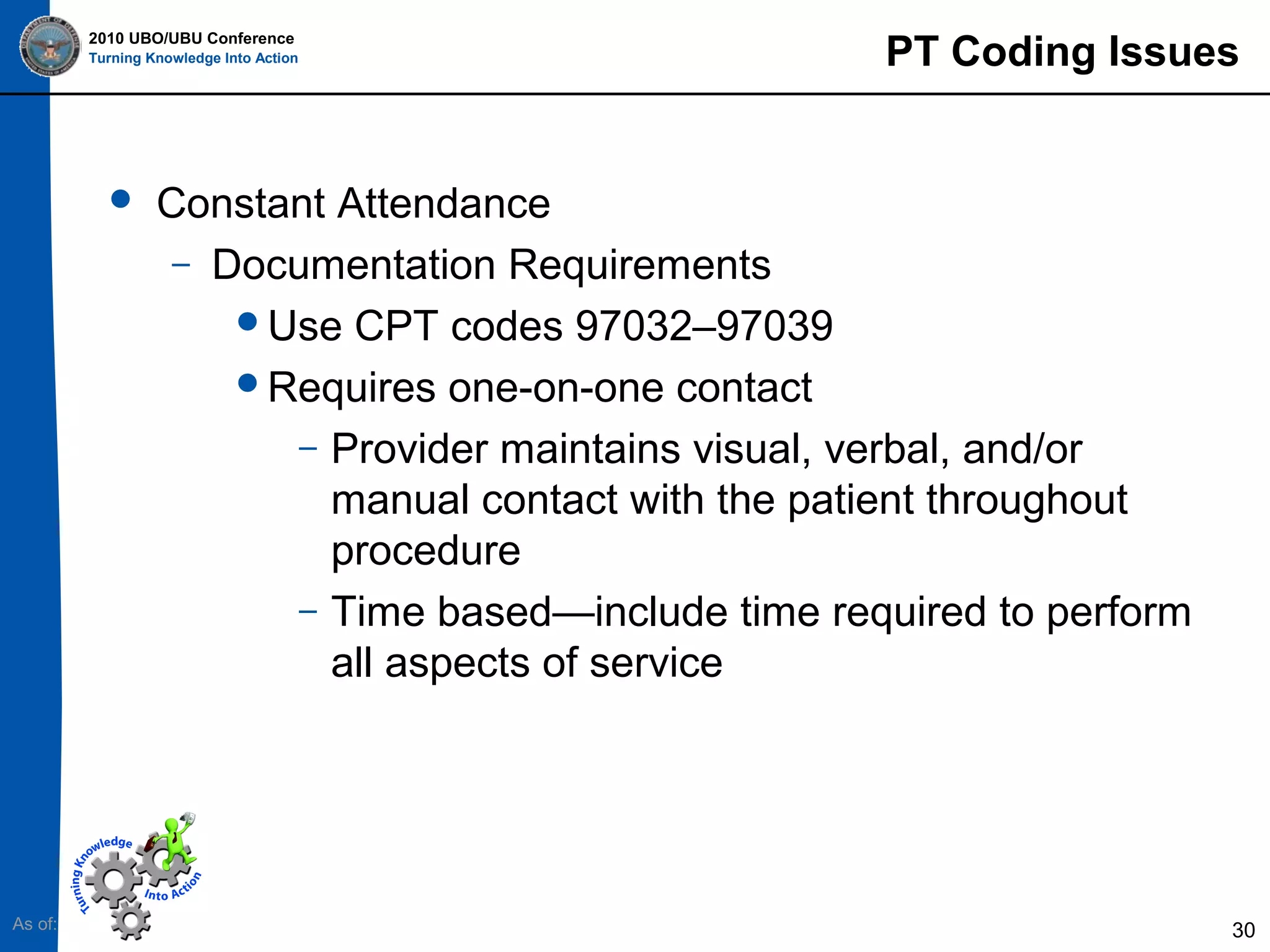 2010 UBO/UBU Conference
Turning Knowledge Into Action



As of:

PT Coding Issues

Constant Attendance
– Documentation Requirements
Use CPT codes 97032–97039
Requires one-on-one contact
– Provider maintains visual, verbal, and/or
manual contact with the patient throughout
procedure
– Time based—include time required to perform
all aspects of service

30

 