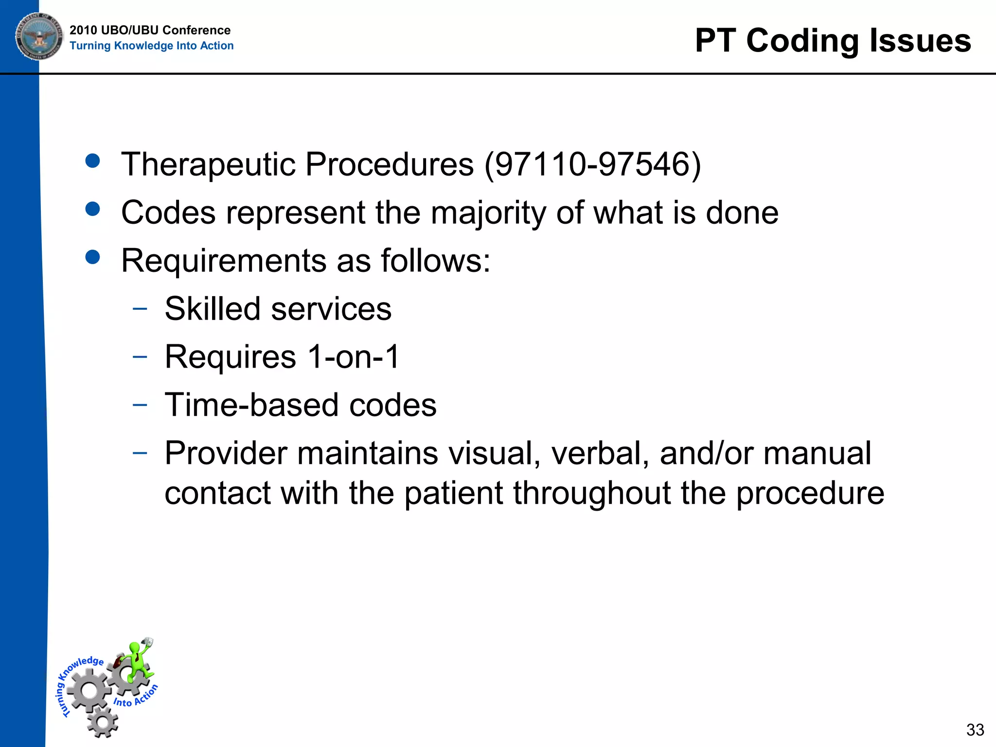 2010 UBO/UBU Conference
Turning Knowledge Into Action





PT Coding Issues

Therapeutic Procedures (97110-97546)
Codes represent the majority of what is done
Requirements as follows:
– Skilled services
– Requires 1-on-1
– Time-based codes
– Provider maintains visual, verbal, and/or manual
contact with the patient throughout the procedure

33

 