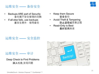 ChinaNetCloud – Solution Proposal *** Confidential ***
20
运维安全 —— 备份安全
• Backups ARE part of Security
备份属于安全管理的范畴
• If all else fails, use backups
若发生意外，使用备份
• Keep them Secure
安全备份
• Avoid Theft & Tampering
防止盗窃或恶意企图
• Read-Only is Best
最好采用只读
运维安全 —— 安全监控
运维安全 —— 审计
Deep Check to Find Problems
深入检查,发现问题
 