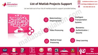 List of Matlab Projects Support
Let we look out of our list of matlab projects support provided below,
Watermarking /
Steganography
Intelligent
Transportation
Systems
Video Processing
Biometrics
Authentication /
Security
Medical Image
Processing
Deep Learning
 