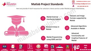 Matlab Project Standards
Here we provide hi-tech resources for selection criteria service under Matlab projects listed below,
Matlab External
Interfacing Support
Datasets and Image
Formats supported by
Matlab
Research Areas in
Matlab
Advanced Algorithms
Available in Matlab
Matlab Programming
using OOPS and GUI
Advanced
Functionality and
Graphical Features of
Matlab
 
