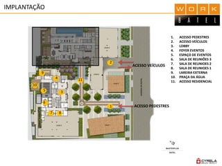 IMPLANTAÇÃO
ACESSO VEÍCULOS
ACESSO PEDESTRES
11
8
6
4
5
9
7
1
2
10
3
1. ACESSO PEDESTRES
2. ACESSO VEÍCULOS
3. LOBBY
4. FOYER EVENTOS
5. ESPAÇO DE EVENTOS
6. SALA DE REUNIÕES 3
7. SALA DE REUNIOES 2
8. SALA DE REUNIOES 1
9. LAREIRA EXTERNA
10. PRAÇA DA ÁGUA
11. ACESSO RESIDENCIAL
 