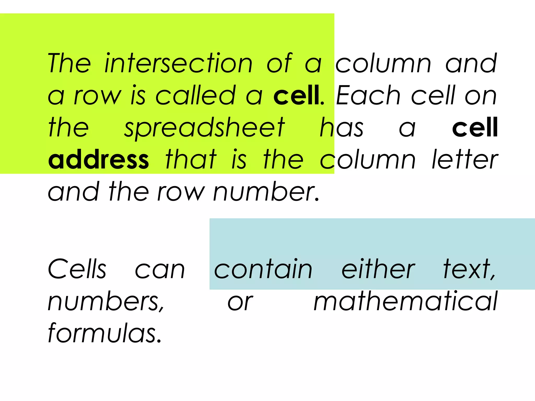 The intersection of a column and
a row is called a cell. Each cell on
the spreadsheet has a cell
address that is the column letter
and the row number.
Cells can
numbers,
formulas.
contain either text,
or
mathematical