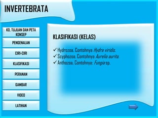 INVERTEBRATA
KD, TUJUAN DAN PETA
KONSEP

KLASIFIKASI (KELAS)

PENGENALAN
CIRI-CIRI
KLASIFIKASI
PERANAN
GAMBAR

VIDEO
LATIHAN

Hydrozoa. Contohnya Hydra viridis.
Scyphozoa. Contohnya Aurelia aurita.
Anthozoa. Contohnya: Fungia sp.

 