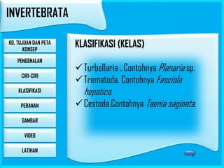 INVERTEBRATA
KD, TUJUAN DAN PETA
KONSEP
PENGENALAN
CIRI-CIRI
KLASIFIKASI
PERANAN
GAMBAR

VIDEO
LATIHAN

KLASIFIKASI (KELAS)
 Turbellaria . Contohnya Planaria sp.
 Trematoda. Contohnya Fasciola

hepatica.

 Cestoda.Contohnya Taenia saginata.

 