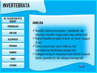INVERTEBRATA
KD, TUJUAN DAN PETA
KONSEP

ANNELIDA

PENGENALAN
CIRI-CIRI
KLASIFIKASI
PERANAN
GAMBAR

VIDEO
LATIHAN

Annelida tubuhnya bersegmen, triploblastik, dan
selomata (memiliki rongga tubuh yang sebenarnya)
Habitat Annelida tersebar di darat, air tawar, maupun
di laut
Sistem pencernaan, saraf, ekskresi, dan
reproduksinya berkembang dengan baik
Sebagian cacing ini mempunyai jenis kelamin terpisah
(diesis, gonochoris), dan sebagian hermaprodit

 