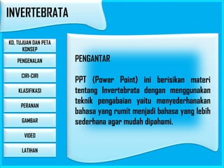 INVERTEBRATA
KD, TUJUAN DAN PETA
KONSEP
PENGENALAN
CIRI-CIRI
KLASIFIKASI
PERANAN
GAMBAR

VIDEO
LATIHAN

PENGANTAR
PPT (Power Point) ini berisikan materi
tentang Invertebrata dengan menggunakan
teknik pengabaian yaitu menyederhanakan
bahasa yang rumit menjadi bahasa yang lebih
sederhana agar mudah dipahami.

 