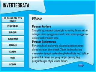 INVERTEBRATA
KD, TUJUAN DAN PETA
KONSEP
PENGENALAN
CIRI-CIRI
KLASIFIKASI
PERANAN
GAMBAR

VIDEO
LATIHAN

PERANAN
Peranan Porifera
Spongilla sp, maupun Euspongia sp sering dimanfaatkan
sebagai spons penggosok mandi, atau spons penggosok
untuk membersihkan kaca.
Peranan Coelenterata
Pertumbuhan batu karang di pantai dapat menahan
abrasi daratan oleh ombak. Selain itu batu karang
merupakan tempat perkembangbiakan biota laut, bahkan
pembentuk taman laut yang sangat penting bagi
pengembangan objek wisata bahari.

 