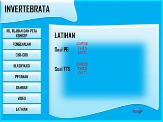 INVERTEBRATA
KD, TUJUAN DAN PETA
KONSEP
PENGENALAN
CIRI-CIRI
KLASIFIKASI
PERANAN
GAMBAR

VIDEO
LATIHAN

LATIHAN
Soal PG

CHECK
THIS
OUT!

Soal TTS

CHECK
THIS
OUT!

 