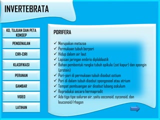 INVERTEBRATA
KD, TUJUAN DAN PETA
KONSEP
PENGENALAN
CIRI-CIRI
KLASIFIKASI
PERANAN
GAMBAR

VIDEO
LATIHAN

PORIFERA
 Merupakan metazoa
 Permukaan tubuh berpori
 Hidup dalam air laut
 Lapisan jaringan embrio diploblastik
 Bahan pembentuk rangka tubuh spikula (zat kapur) dan spongin
(protein)
 Pori-pori di permukaan tubuh disebut ostium
 Pori di dalam tubuh disebut spongosoel atau atrium
 Tempat pembuangan air disebut lubang oskulum
 Reproduksi secara hermaprodit
 Ada tiga tipe saluran air, yaitu asconoid, syconoid, dan
leuconoid/rhagon

 