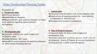 It consist of
a. Perspective plan:
20-25years duration .
Includes Maps & Diagrams .
Stategovernment’s goal, policies, strategies of urban
local authority regarding spatio-economic
development.
b. Development plan :
Conceived within Frame work of approved
Perspective plan.
Medium Duration for 5 years.
Proposals for socio-economic & spatial development
of urban centers Including land use.
c. Annual plan:
Conceived within the frame work of Development plan.
Details of new & ongoing projects for local authority
to implement in financial year
Necessary fiscal resources mobilization.
d. Plan of Projects/schemes:
•Conceived within the frame work of approved
development Plan.
•Includes detailed working layouts with cost of
development, source of Finance & recovery instruments
for Execution by a public or private agency.
 