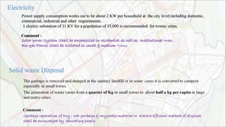 Power supply consumption works out to be about 2 KW per household at the city level including domestic,
commercial, industrial and other requirements.
1 electric substation of 11 KV for a population of 15,000 is recommended for towns/ cities.
Comment -
Solar power System Shall be emphasized in residential as well as Institutional Areas.
Bio-gas Plants Shall be Initiated in small & medium Towns.
 