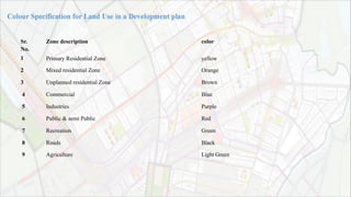 Sr. Zone description color
No.
1 Primary Residential Zone yellow
2 Mixed residential Zone Orange
3 Unplanned residential Zone Brown
4 Commercial Blue
5 Industries Purple
6 Public & semi Public Red
7 Recreation Green
8 Roads Black
9 Agriculture Light Green
 