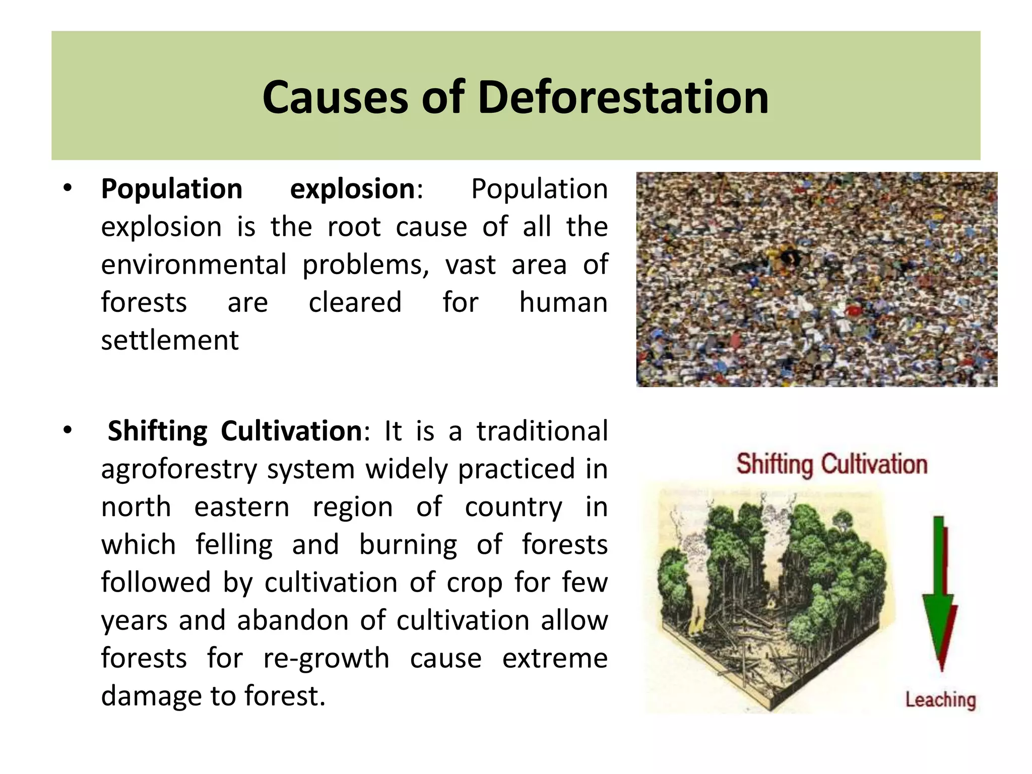 Causes of Deforestation
• Population explosion: Population
explosion is the root cause of all the
environmental problems, vast area of
forests are cleared for human
settlement
• Shifting Cultivation: It is a traditional
agroforestry system widely practiced in
north eastern region of country in
which felling and burning of forests
followed by cultivation of crop for few
years and abandon of cultivation allow
forests for re-growth cause extreme
damage to forest.
 