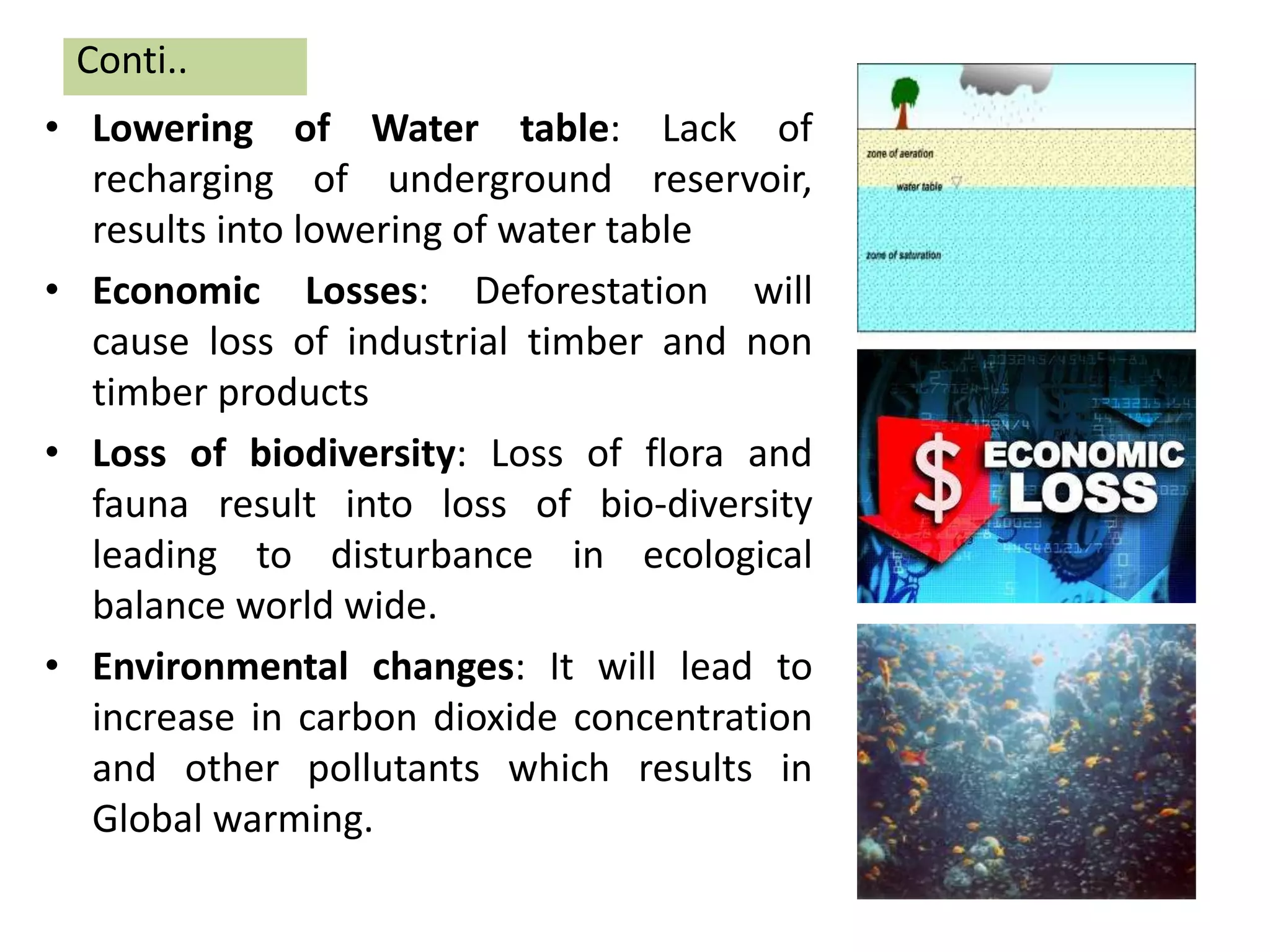 • Lowering of Water table: Lack of
recharging of underground reservoir,
results into lowering of water table
• Economic Losses: Deforestation will
cause loss of industrial timber and non
timber products
• Loss of biodiversity: Loss of flora and
fauna result into loss of bio-diversity
leading to disturbance in ecological
balance world wide.
• Environmental changes: It will lead to
increase in carbon dioxide concentration
and other pollutants which results in
Global warming.
Conti..
 