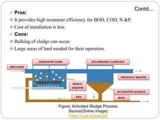  Pros:
 It provides high treatment efficiency for BOD, COD, N &P.
 Cost of installation is low.
 Cons:
 Bulking of sludge can occur.
 Large areas of land needed for their operation.
Contd…
Figure: Activated Sludge Process.
Source(Online Image):
https://cutt.ly/kkr6JeD
 