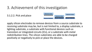 3. Achievement of this investigation
3.1.2.2. Pick and place
apply silicon electrodes to remove devices from a source substrate to
receiving substrate may be, but is not limited to, a display substrate, a
lighting substrate, a substrate with functional devices such as
transistors or integrated circuits (ICs), or a substrate with metal
redistribution lines. The silicon substrates are able to be charged
positively or negatively to pick or place the devices.
 