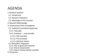 AGENDA
1. Research question
1.1. Introduction
1.2. Research motivation
1.3. Advantages of this research
2. Research Methodology
3. Achievement of this investigation
3.1. Traditional manufacturing process
3.1.1. Flow path
3.1.2. Emphasis---- mass transfer
3.1.2.1. Self-assembly
3.1.2.2. Pick and place
3.1.2.3. Selective release
3.2. Monolithic integration
3.2.1. How to grow LED materials
3.2.2. How to colourization
3.2.3. How to restrain optical crosstalk
4. Conclusion
 