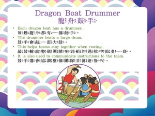 Dragon Boat Drummer
龍舟鼓手
• Each dragon boat has a drummer.
每艘龍舟都有一個鼓手。
• The drummer beats a large drum.
鼓手會敲一面大鼓。
• This helps teams stay together when rowing.
敲鼓輔助整個團隊在划船的過程中節奏一致。
• It is also used to communicate instructions to the team.
鼓手還會協調整個團隊並傳達指令。
 