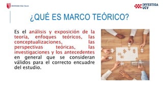 ¿QUÉ ES MARCO TEÓRICO?
Es el análisis y exposición de la
teoría, enfoques teóricos, las
conceptualizaciones, las
perspectivas teóricas, las
investigaciones y los antecedentes
en general que se consideran
válidos para el correcto encuadre
del estudio.
 