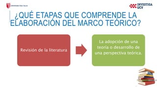 ¿QUÉ ETAPAS QUE COMPRENDE LA
ELABORACIÓN DEL MARCO TEÓRICO?
Revisión de la literatura
La adopción de una
teoría o desarrollo de
una perspectiva teórica.
 