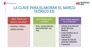 LA CLAVE PARA ELABORAR EL MARCO
TEÓRICO ES:
¿Qué Población
quiero estudiar?
• Adultos/niños/
adolescentes
Qué variables quiero
controlar?
• Nivel socioeconómico:
alta/media/baja/ muy
baja
¿Qué variable especifica
se va a estudiar?
• Calidad de la Atención
de los Servicios
Médicos.
• Costo beneficio de un
programa de
intervención.
• Calidad de Vida de
pacientes dializados
• Autoestima
 