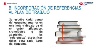 B. INCORPORACIÓN DE REFERENCIAS
AL PLAN DE TRABAJO
Se escribe cada punto
del esquema anterior en
una hoja y debajo de él
en orden alfabético,
cronológico o de
aparición, las
“referencias” específicas
útiles para cada parte
del esquema.
 