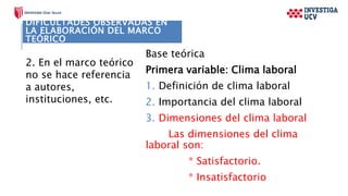 Base teórica
Primera variable: Clima laboral
1. Definición de clima laboral
2. Importancia del clima laboral
3. Dimensiones del clima laboral
Las dimensiones del clima
laboral son:
* Satisfactorio.
* Insatisfactorio
DIFICULTADES OBSERVADAS EN
LA ELABORACIÓN DEL MARCO
TEÓRICO
2. En el marco teórico
no se hace referencia
a autores,
instituciones, etc.
 