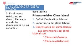 Base teórica
Primera variable: Clima laboral
1. Definición de clima laboral
2. Importancia del clima laboral
3. Dimensiones del clima laboral
Las dimensiones del clima
laboral son:
* Clima satisfactorio.
* Clima insatisfactorio
DIFICULTADES OBSERVADAS EN
LA ELABORACIÓN DEL MARCO
TEÓRICO
3. En el marco
teórico no se
desarrollan cada
una de las
dimensiones de las
variables .
 