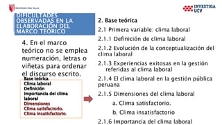 2. Base teórica
2.1 Primera variable: clima laboral
2.1.1 Definición de clima laboral
2.1.2 Evolución de la conceptualización del
clima laboral
2.1.3 Experiencias exitosas en la gestión
referidas al clima laboral
2.1.4 El clima laboral en la gestión pública
peruana
2.1.5 Dimensiones del clima laboral
a. Clima satisfactorio.
b. Clima insatisfactorio
2.1.6 Importancia del clima laboral
4. En el marco
teórico no se emplea
numeración, letras o
viñetas para ordenar
el discurso escrito.
DIFICULTADES
OBSERVADAS EN LA
ELABORACIÓN DEL
MARCO TEÓRICO
 
