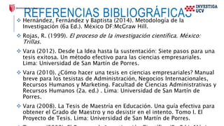 REFERENCIAS BIBLIOGRÁFICAS
 Hernández, Fernández y Baptista (2014). Metodología de la
Investigación (6a Ed.). México DF:McGraw Hill.
 Rojas, R. (1999). El proceso de la investigación científica. México:
Trillas.
 Vara (2012). Desde La Idea hasta la sustentación: Siete pasos para una
tesis exitosa. Un método efectivo para las ciencias empresariales.
Lima: Universidad de San Martín de Porres.
 Vara (2010). ¿Cómo hacer una tesis en ciencias empresariales? Manual
breve para los tesistas de Administración, Negocios Internacionales,
Recursos Humanos y Marketing. Facultad de Ciencias Administrativas y
Recursos Humanos (2a. ed.) . Lima: Universidad de San Martín de
Porres.
 Vara (2008). La Tesis de Maestría en Educación. Una guía efectiva para
obtener el Grado de Maestro y no desistir en el intento. Tomo I. El
Proyecto de Tesis. Lima: Universidad de San Martín de Porres.
 