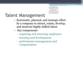 Talent Management
• Systematic, planned, and strategic effort
by a company to attract, retain, develop,
and motivate highly skilled talent
• Key components
▫ acquiring and assessing employees
▫ learning and development
▫ performance management and
compensation
Copyright © 2017
McGraw-Hill Education.
All rights reserved. No
reproduction or
distribution without the
prior written consent of
McGraw-Hill Education.
 