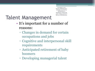 Talent Management
• It’s important for a number of
reasons:
▫ Changes in demand for certain
occupations and jobs
▫ Cognitive and interpersonal skill
requirements
▫ Anticipated retirement of baby
boomers
▫ Developing managerial talent
Copyright © 2017
McGraw-Hill Education.
All rights reserved. No
reproduction or
distribution without the
prior written consent of
McGraw-Hill Education.
 