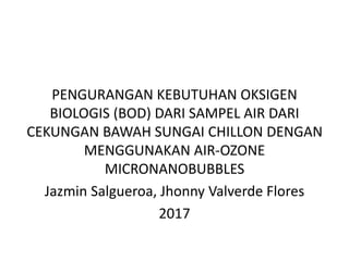 PENGURANGAN KEBUTUHAN OKSIGEN
BIOLOGIS (BOD) DARI SAMPEL AIR DARI
CEKUNGAN BAWAH SUNGAI CHILLON DENGAN
MENGGUNAKAN AIR-OZONE
MICRONANOBUBBLES
Jazmin Salgueroa, Jhonny Valverde Flores
2017
 