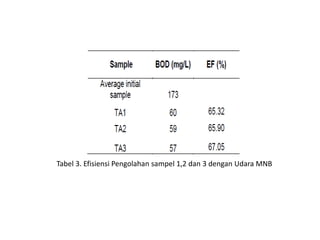Tabel 3. Efisiensi Pengolahan sampel 1,2 dan 3 dengan Udara MNB
 