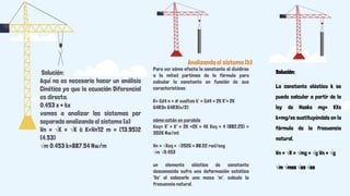 Analizando el sistema (b)
Para ver cómo afecta la constante al dividirse
a la mitad partimos de la fórmula para
calcular la constante en función de sus
características
K= Gd4 n = # vueltas k’ = Gd4 = 2K K’= 2K
64R3n 64R3(n/2)
cómo están en paralelo
Keq= K’ + K’ = 2K +2K = 4K Keq = 4 (882.25) =
3526 Nw/mt
Wn = √Keq = √3526 = 88.22 rad/seg
√m √0.453
un elemento elástico de constante
desconocida sufre una deformación estática
‘Xs’ al colocarle una masa ‘m’. calcule la
frecuencia natural.
Solución:
Aquí no es necesario hacer un análisis
Cinético ya que la ecuación Diferencial
es directa.
0.453 x + kx
vamos a analizar los sistemas por
separado analizando el sistema (a)
Wn = √K = √K è K=Wn12 m = (13.95)2
(4.53)
√m 0.453 k=887.54 Nw/m
Solución:
La constante elástica k se
puede calcular a partir de la
ley de Hooke mg= KXs
k=mg/xs sustituyéndolo en la
fórmula de la frecuencia
natural.
Wn = √K = √mg = √g Wn = √g
√m √mxs √xs √xs
 