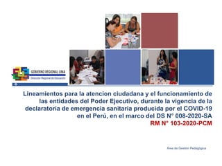 Lineamientos para la atencion ciudadana y el funcionamiento de
las entidades del Poder Ejecutivo, durante la vigencia de la
declaratoria de emergencia sanitaria producida por el COVID-19
en el Perú, en el marco del DS N° 008-2020-SA
RM N° 103-2020-PCM
Área de Gestión Pedagógica
 