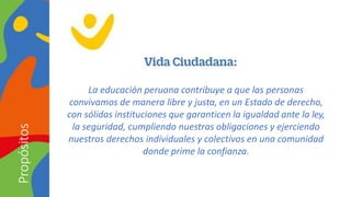 La educación peruana contribuye a que las personas
convivamos de manera libre y justa, en un Estado de derecho,
con sólidas instituciones que garanticen la igualdad ante la ley,
la seguridad, cumpliendo nuestras obligaciones y ejerciendo
nuestros derechos individuales y colectivos en una comunidad
donde prime la confianza.
Propósitos
 