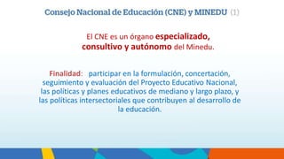 El CNE es un órgano especializado,
consultivo y autónomo del Minedu.
Finalidad: participar en la formulación, concertación,
seguimiento y evaluación del Proyecto Educativo Nacional,
las políticas y planes educativos de mediano y largo plazo, y
las políticas intersectoriales que contribuyen al desarrollo de
la educación.
 