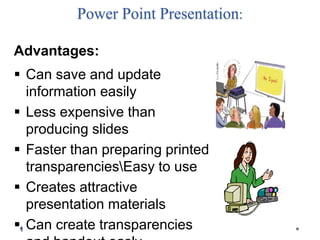Power Point Presentation:
Advantages:
 Can save and update
information easily
 Less expensive than
producing slides
 Faster than preparing printed
transparenciesEasy to use
 Creates attractive
presentation materials
 Can create transparencies
1
 