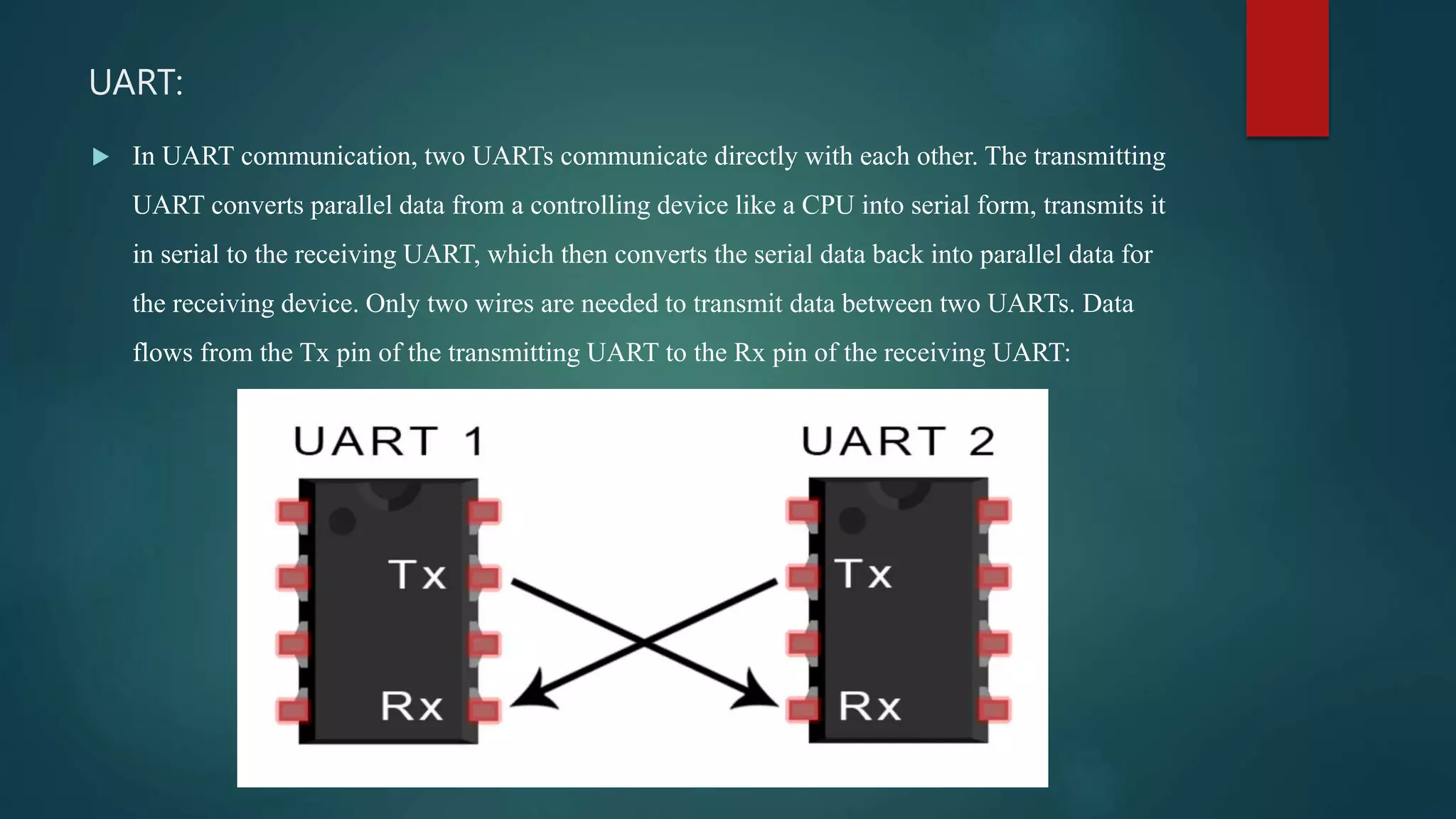UART:
 In UART communication, two UARTs communicate directly with each other. The transmitting
UART converts parallel data from a controlling device like a CPU into serial form, transmits it
in serial to the receiving UART, which then converts the serial data back into parallel data for
the receiving device. Only two wires are needed to transmit data between two UARTs. Data
flows from the Tx pin of the transmitting UART to the Rx pin of the receiving UART:
 