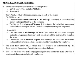 APPRAISAL PROCESS POINTERS
 There are two types of forms basis the designation:
o AGM & above (This includes AGM also)
o Below AGM
 There Are two KRAS which are compulsory in each of the forms:
For AGM & above
o The First One is Cost Reduction & Cost Savings. This refers to the factors that
impact on the profitability of the company.
o The Second One is Internal Targets. This refers to the individual measurable
and quantifiable targets set and the actual achievements by the employee.
Below AGM
o The First One is Knowledge of Work. This refers to the basic concepts,
methodology, process knowhow and experience of the individual to complete
the work.
o The Second One is Internal Targets. This refers to the individual measurable
and quantifiable targets set and the actual achievements by the employee.
 The next four other KRAs which has be selected or determined by the
Departmental Head, apart from the two mentioned above.
 KRA’s for Financial Year 2017-18 (appraisal year) and also for FY 2018-19 needs to
be completed compulsorily for all employees.
 