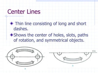 Center Lines
Thin line consisting of long and short
dashes.
Shows the center of holes, slots, paths
of rotation, and symmetrical objects.
 