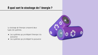 À quoi sert le stockage de l’énergie ?
Le stockage de l’énergie comprend deux
types de systèmes.
● Les systèmes qui privilégient l’énergie à la
puissance
● Les systèmes qui privilégient la puissance
 