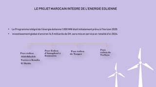 LE PROJET MAROCAIN INTEGRE DE L'ENERGIE EOLIENNE
• Le Programme intégréde l’énergieéolienne 1.000 MW était initialementprévu à l’horizon 2020
• investissementglobal d’environ 14,5 milliards de DH, sera mis en service en totalitéd’ici 2024.
 