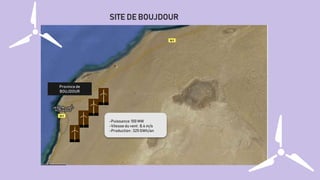SITE DE BOUJDOUR
Province de
BOUJDOUR
-Puissance:100 MW
-Vitesse du vent : 8,4 m/s
-Production : 325 GWh/an
 