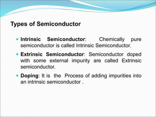 Types of Semiconductor
 Intrinsic Semiconductor: Chemically pure
semiconductor is called Intrinsic Semiconductor.
 Extrinsic Semiconductor: Semiconductor doped
with some external impurity are called Extrinsic
semiconductor.
 Doping: It is the Process of adding impurities into
an intrinsic semiconductor .
 