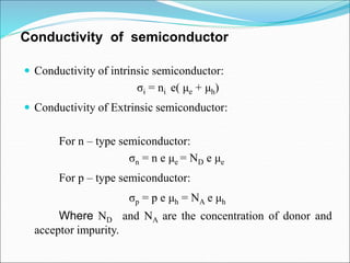 Conductivity of semiconductor
 Conductivity of intrinsic semiconductor:
σi = ni e( μe + μh)
 Conductivity of Extrinsic semiconductor:
For n – type semiconductor:
σn = n e μe = ND e μe
For p – type semiconductor:
σp = p e μh = NA e μh
Where ND and NA are the concentration of donor and
acceptor impurity.
 